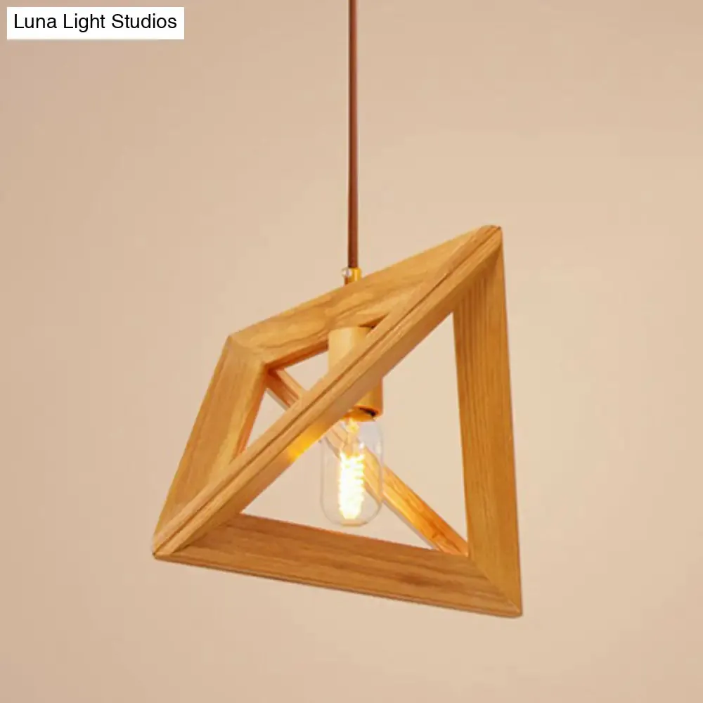 Modern Beige Pendant Lamp with Wooden Frame - 1-Head Dining Room Ceiling Hang Light