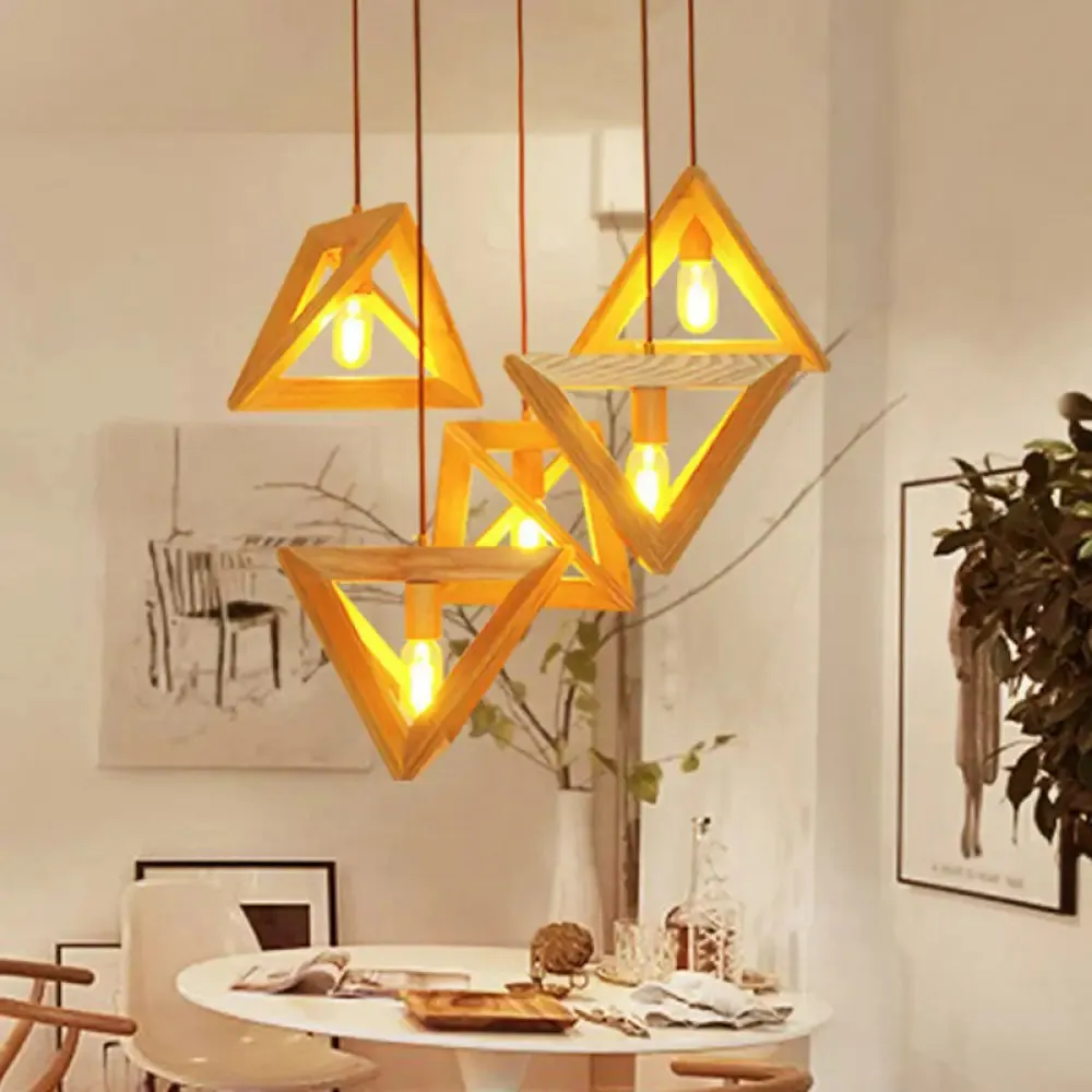 Modern Beige Pendant Lamp with Wooden Frame - 1-Head Dining Room Ceiling Hang Light