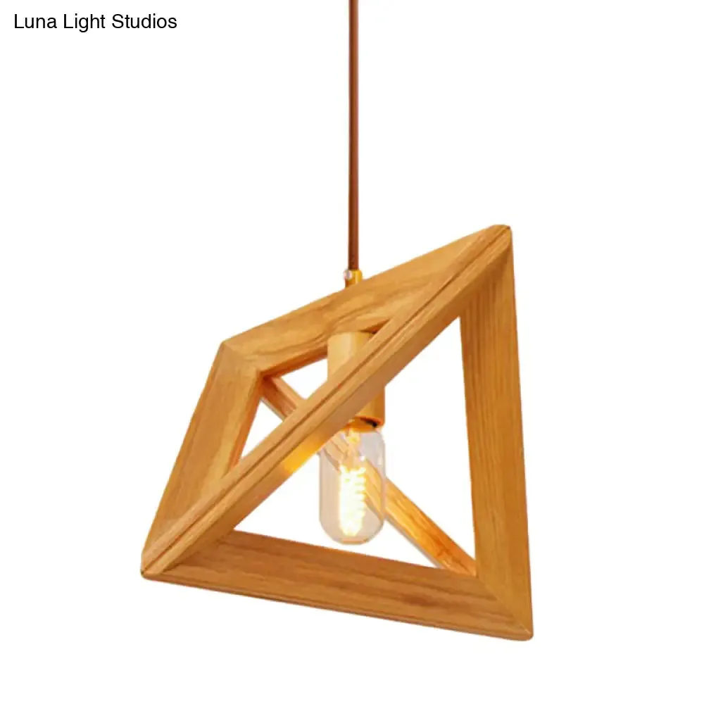 Modern Beige Pendant Lamp with Wooden Frame - 1-Head Dining Room Ceiling Hang Light