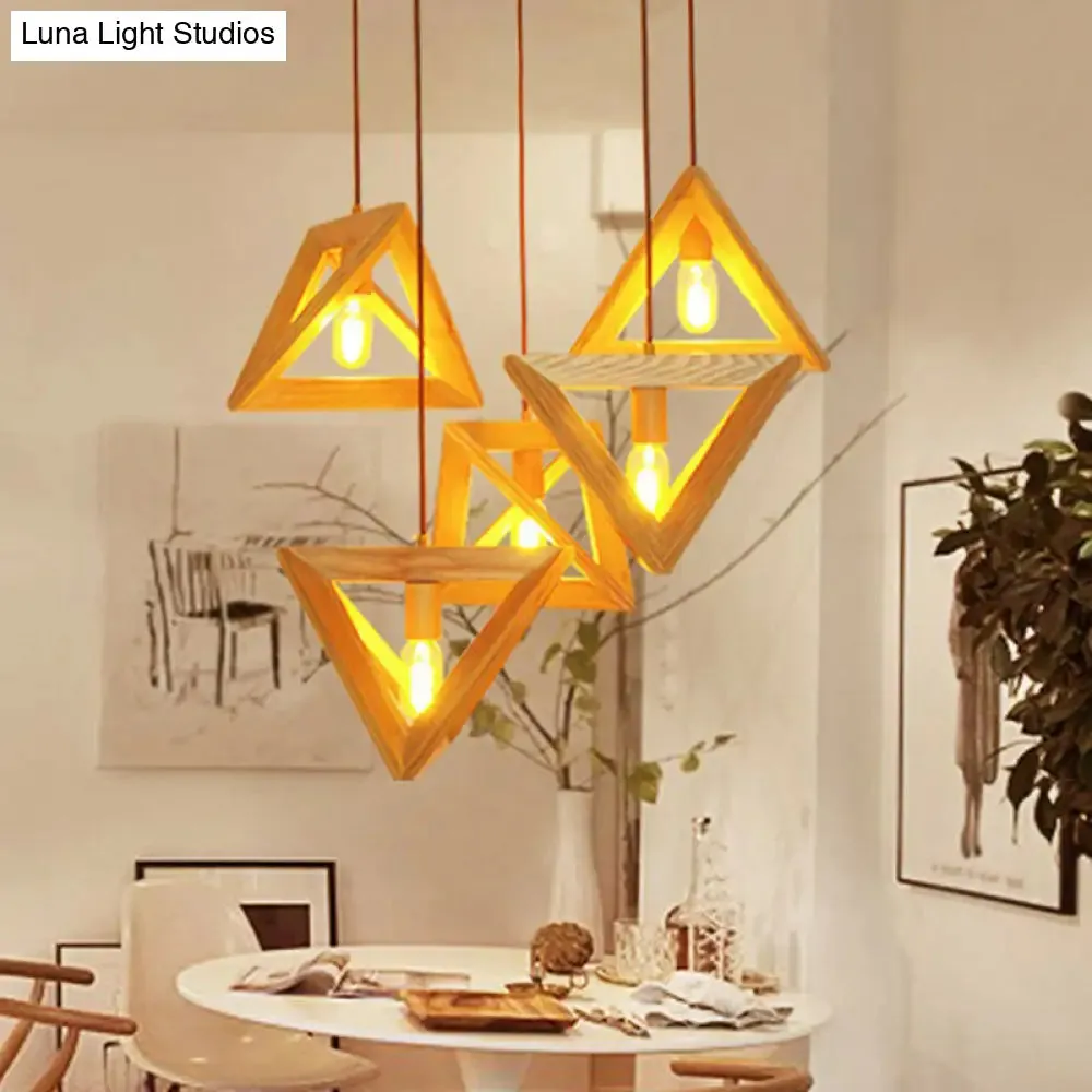 Modern Beige Pendant Lamp with Wooden Frame - 1-Head Dining Room Ceiling Hang Light