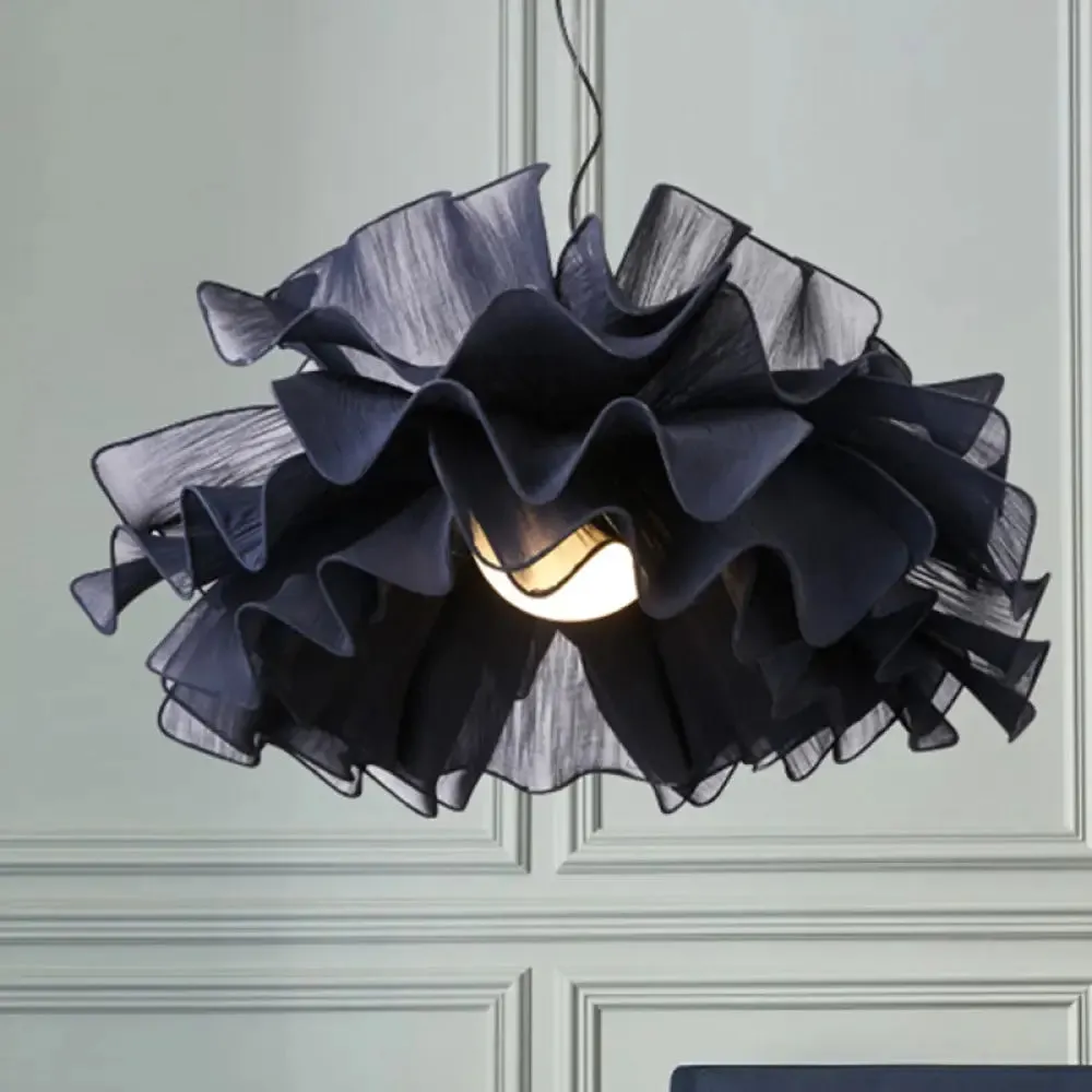 Modern Chic Hand Woven Layered Pendant Light Fixture - White/Navy Blue with Fabric Shade