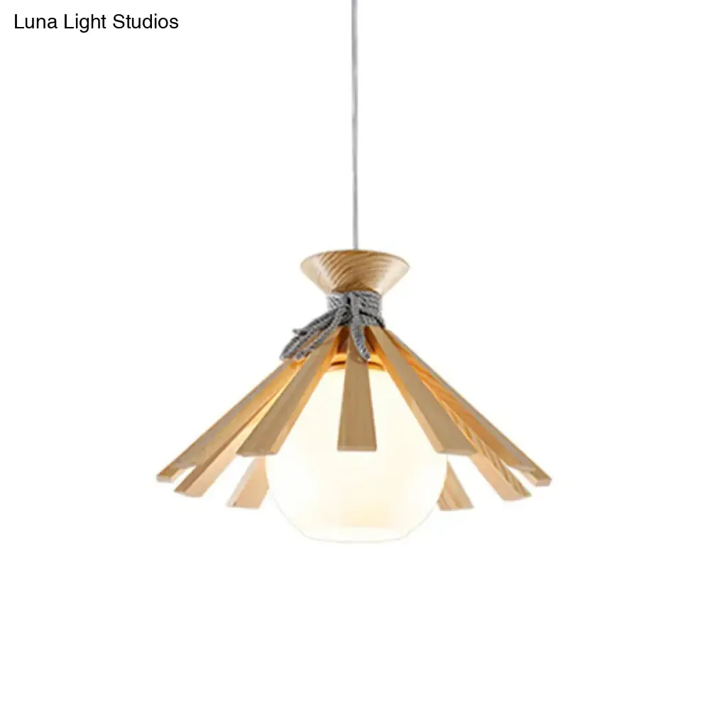 Modern Conical Wood Slat Pendant Light Kit with White Glass Shade