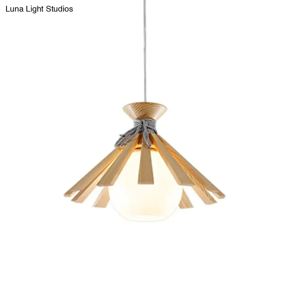 Modern Conical Wood Slat Pendant Light Kit with White Glass Shade