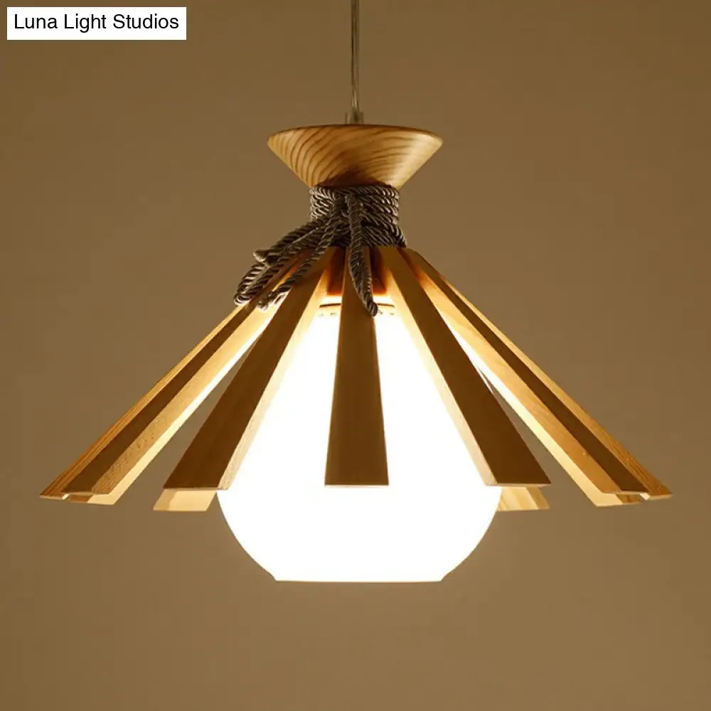 Modern Conical Wood Slat Pendant Light Kit with White Glass Shade