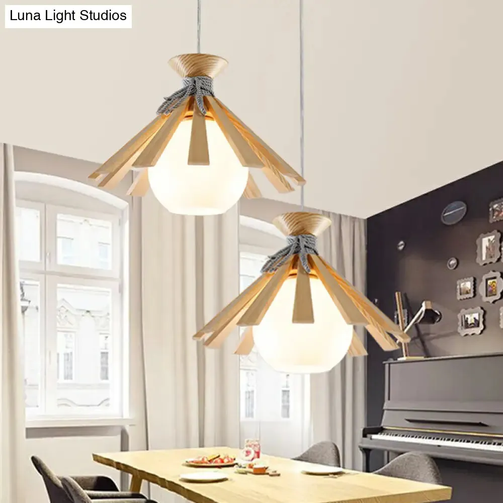 Modern Conical Wood Slat Pendant Light Kit with White Glass Shade