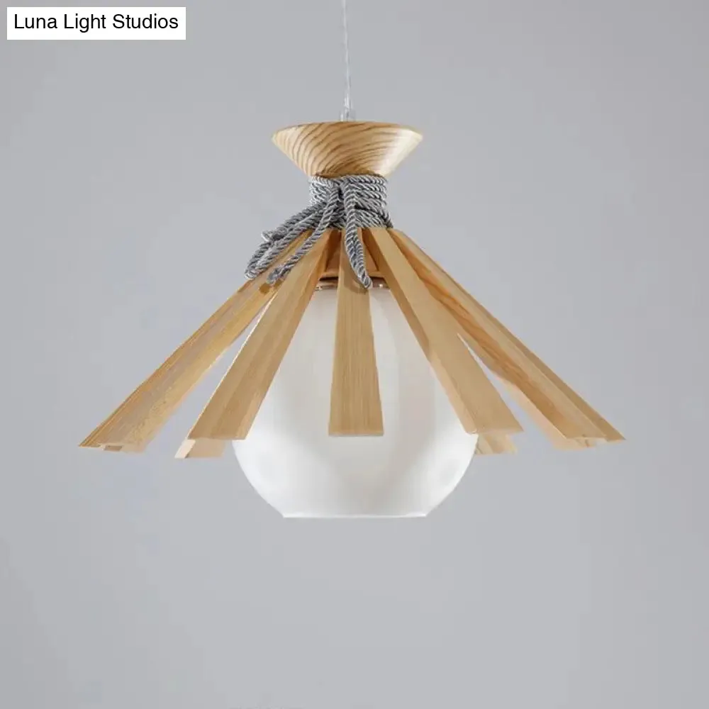 Modern Conical Wood Slat Pendant Light Kit with White Glass Shade