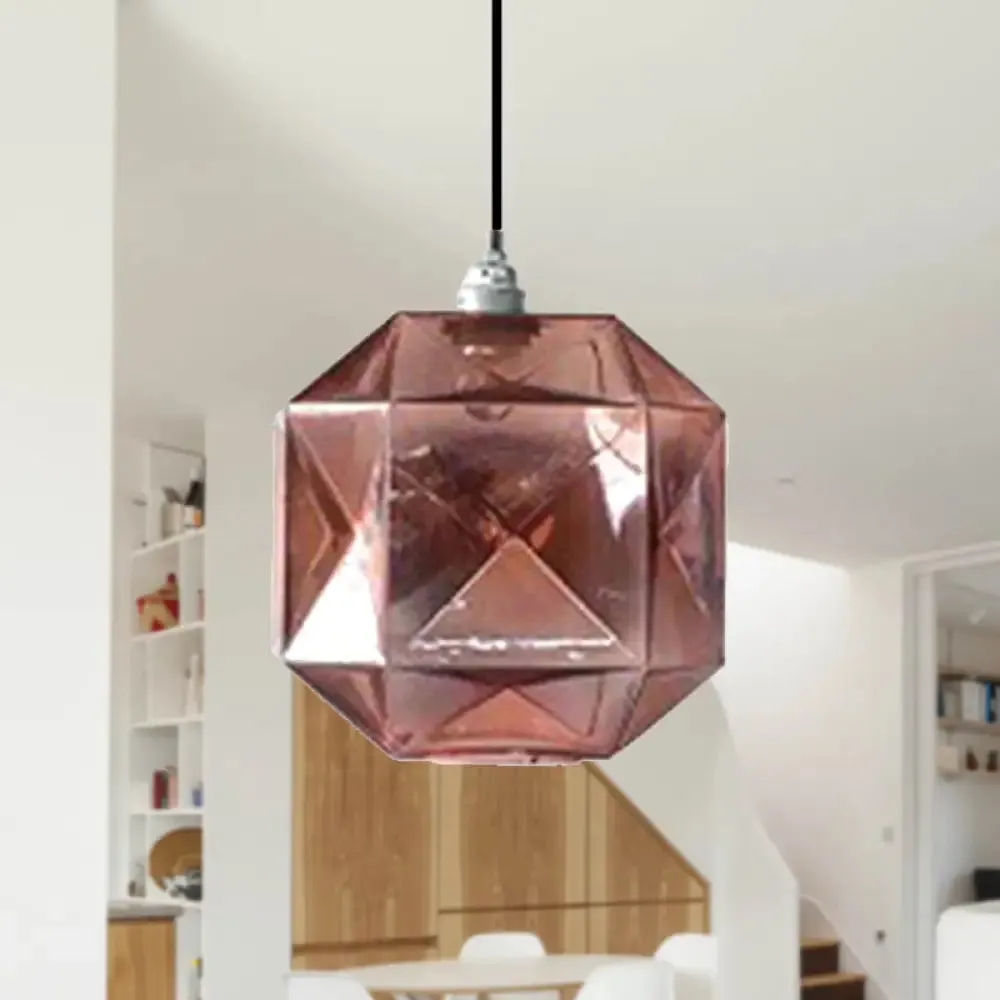 Modern Glass Diamond Pendant Light - Hanging Ceiling Light with 1 Blue/Gold/Amber Glass Light