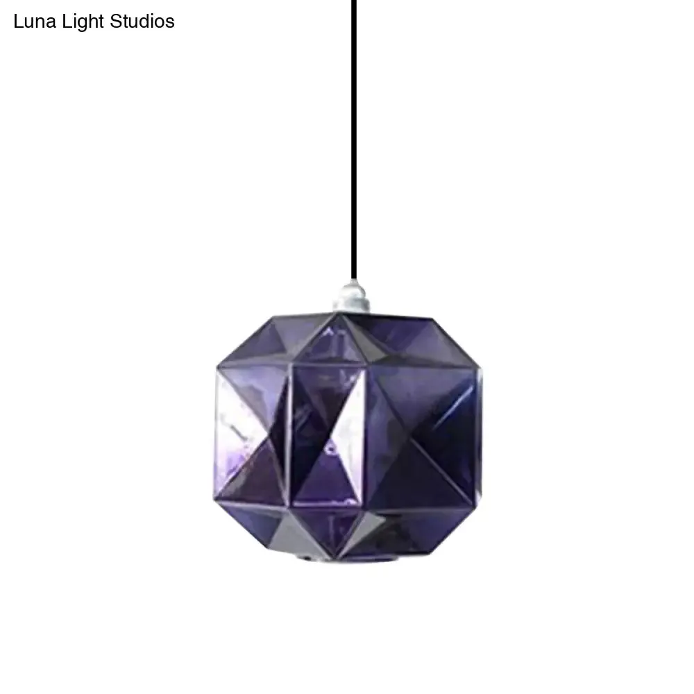 Modern Glass Diamond Pendant Light - Hanging Ceiling Light with 1 Blue/Gold/Amber Glass Light