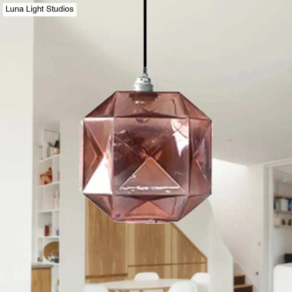 Modern Glass Diamond Pendant Light - Hanging Ceiling Light with 1 Blue/Gold/Amber Glass Light