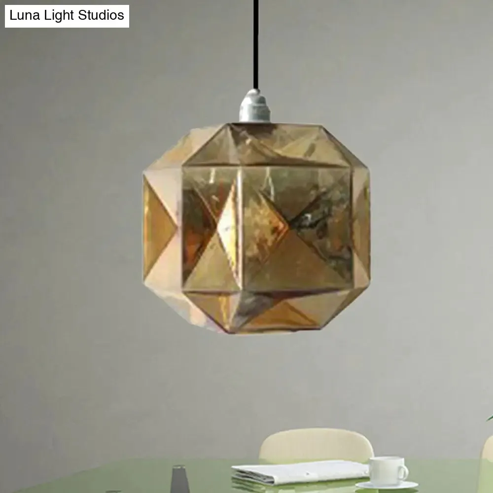 Modern Glass Diamond Pendant Light - Hanging Ceiling Light with 1 Blue/Gold/Amber Glass Light