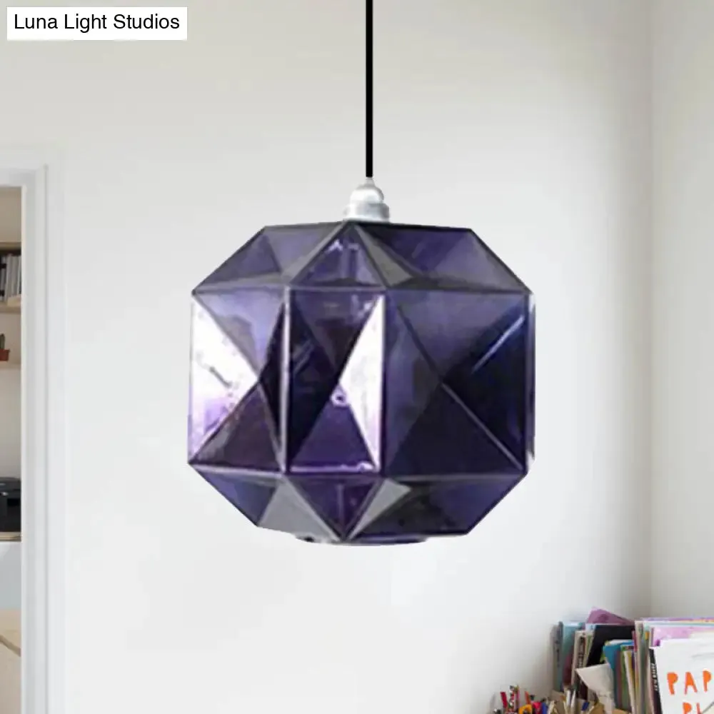 Modern Glass Diamond Pendant Light - Hanging Ceiling Light with 1 Blue/Gold/Amber Glass Light