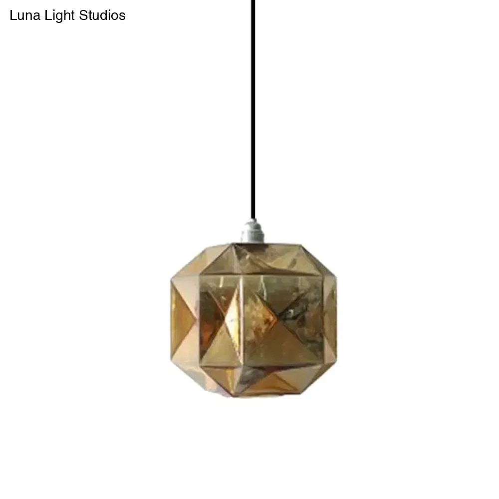 Modern Glass Diamond Pendant Light - Hanging Ceiling Light with 1 Blue/Gold/Amber Glass Light