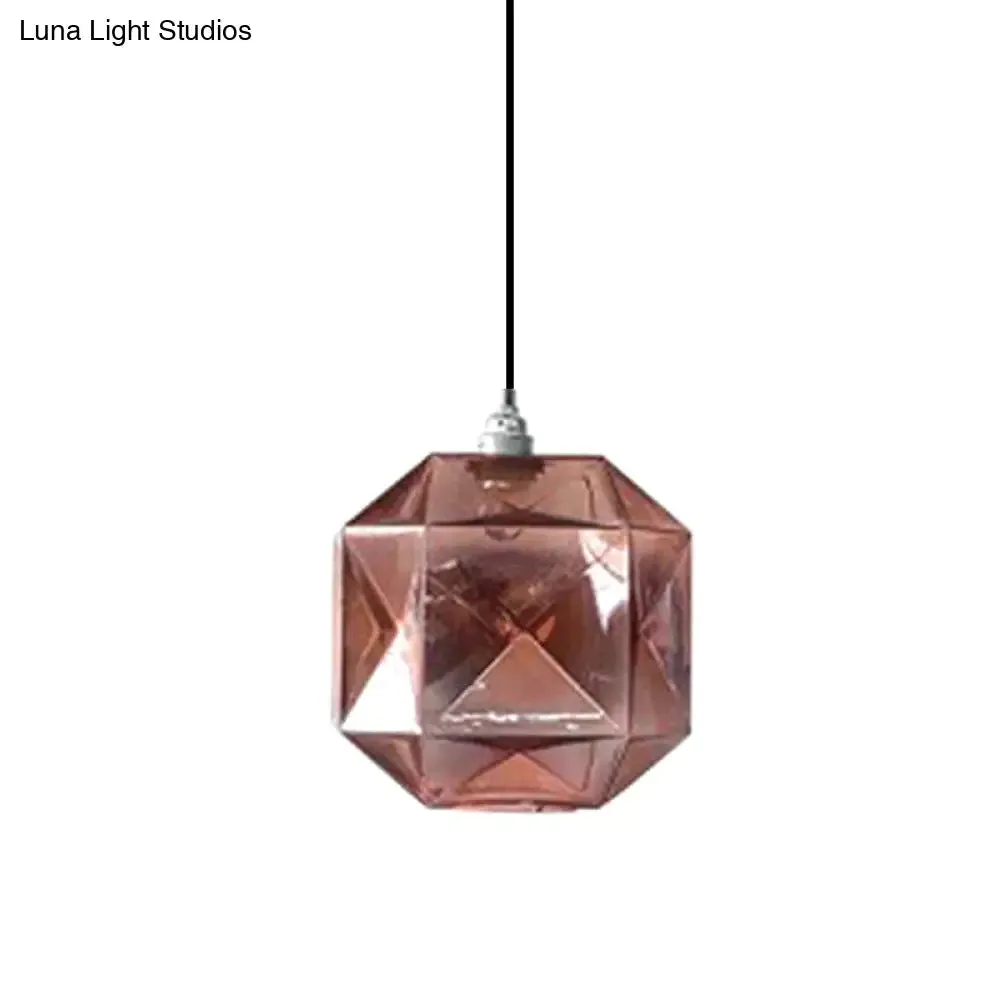 Modern Glass Diamond Pendant Light - Hanging Ceiling Light with 1 Blue/Gold/Amber Glass Light