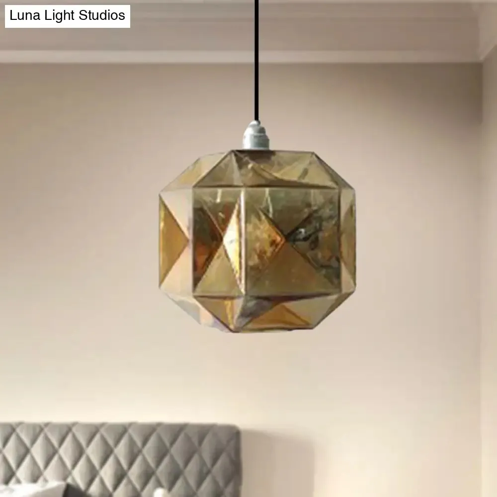 Modern Glass Diamond Pendant Light - Hanging Ceiling Light with 1 Blue/Gold/Amber Glass Light