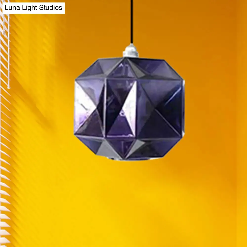 Modern Glass Diamond Pendant Light - Hanging Ceiling Light with 1 Blue/Gold/Amber Glass Light