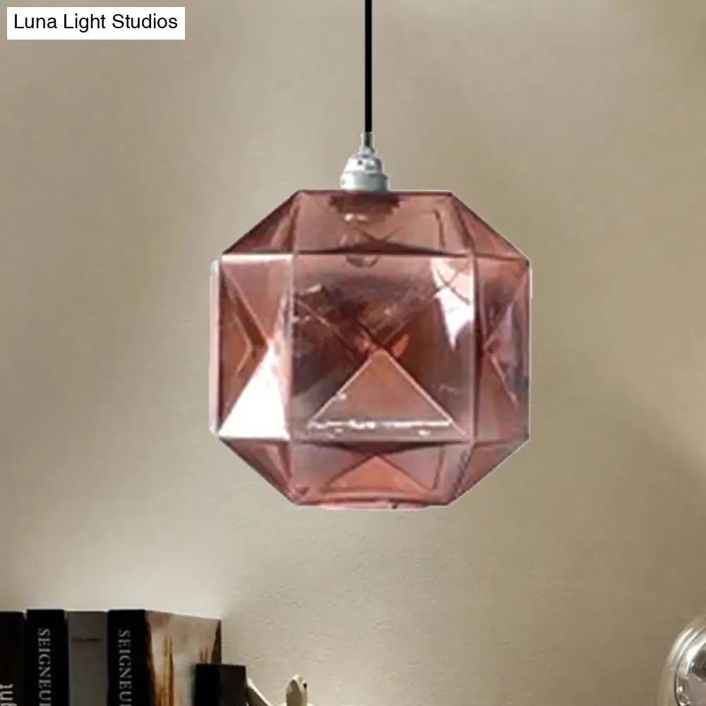 Modern Glass Diamond Pendant Light - Hanging Ceiling Light with 1 Blue/Gold/Amber Glass Light