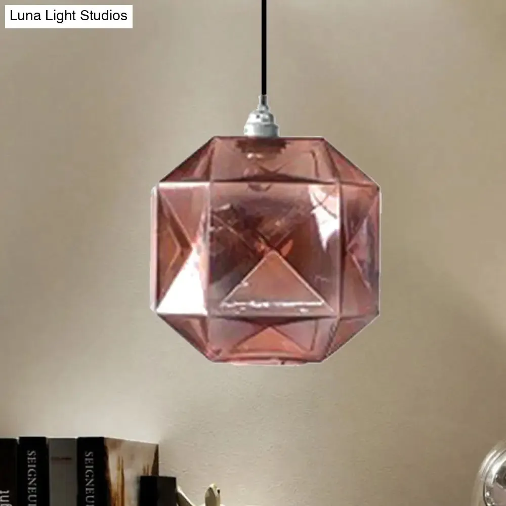 Modern Glass Diamond Pendant Light - Hanging Ceiling Light with 1 Blue/Gold/Amber Glass Light