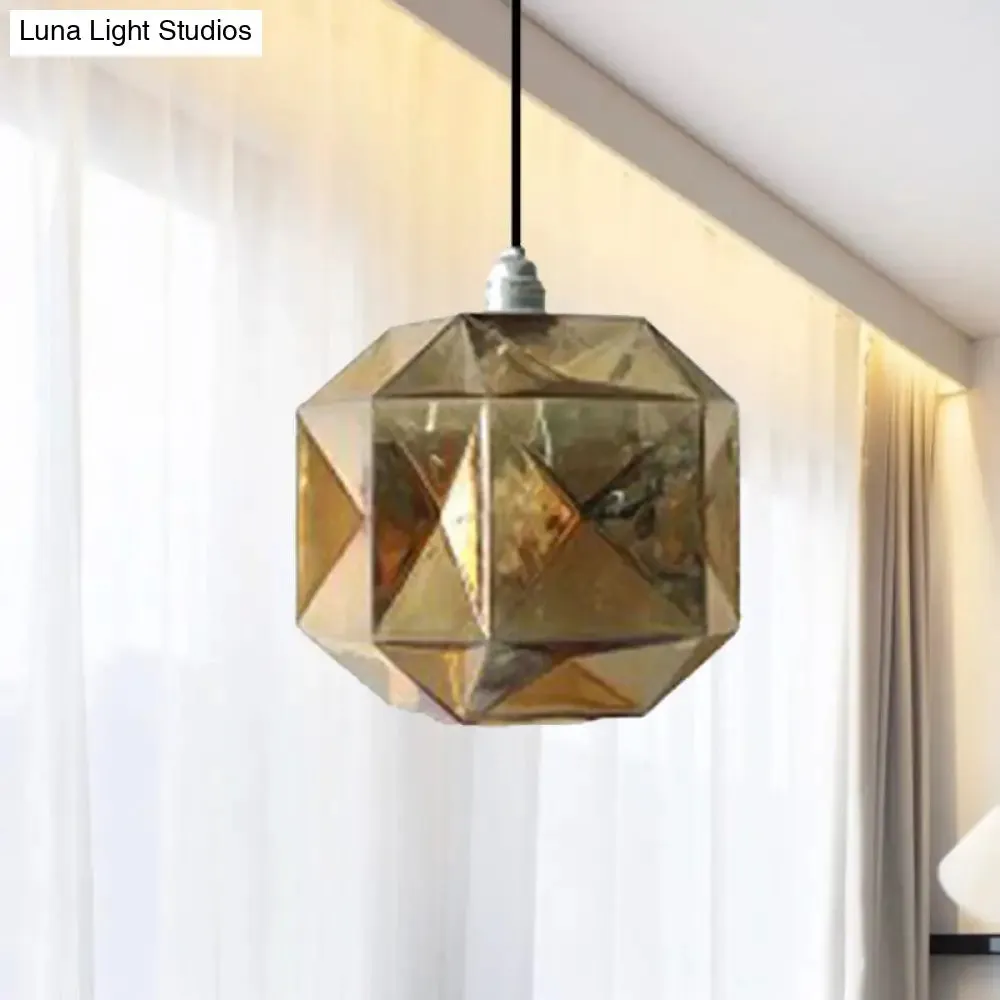 Modern Glass Diamond Pendant Light - Hanging Ceiling Light with 1 Blue/Gold/Amber Glass Light