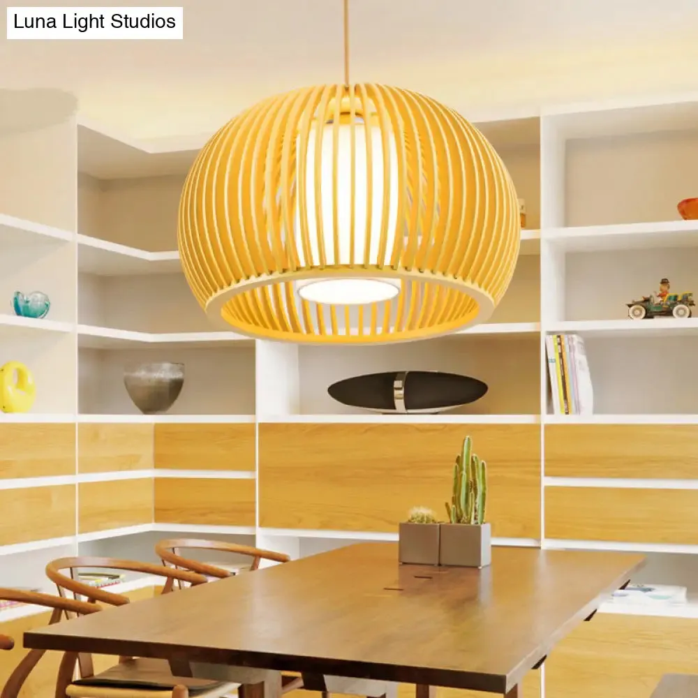 Modern Half-Globe Pendant Wooden 1-Light Dining Table Suspension Lighting - 13"/18" W with Inner Shade