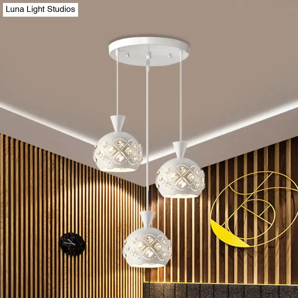 Modern Iron Domed Suspension Light with 3-Light Crystal Multi Ceiling Lamp in White