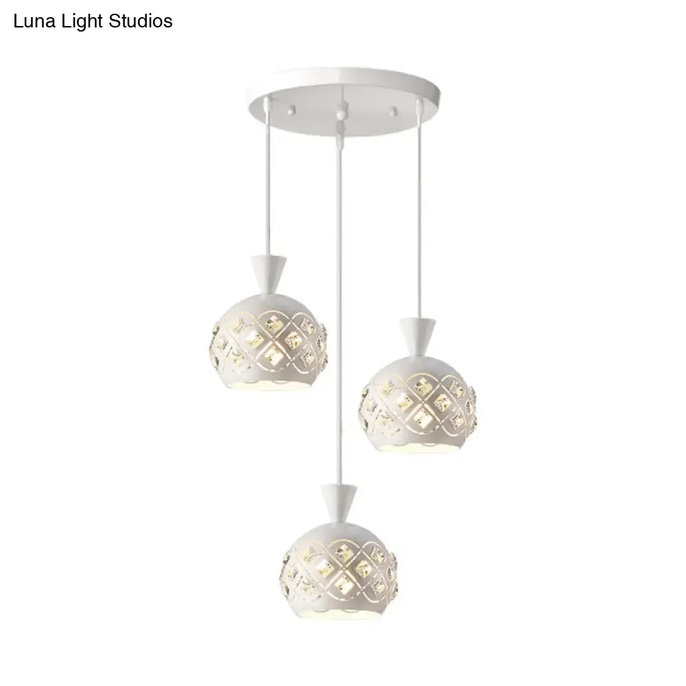 Modern Iron Domed Suspension Light with 3-Light Crystal Multi Ceiling Lamp in White