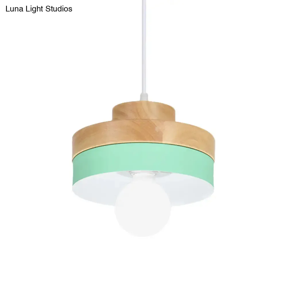 Modern Macaron Down Lighting Metal Ceiling Lamp with Colorful Wood Accents - 1-Light for Living Room