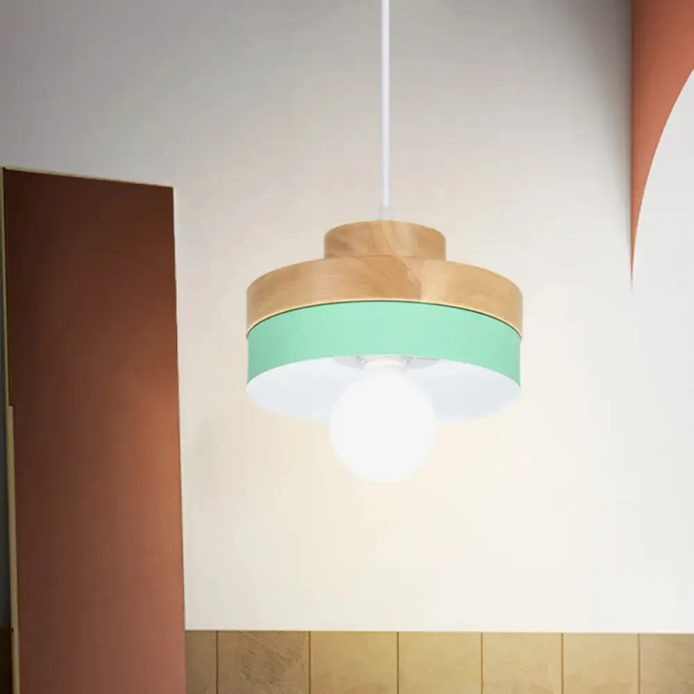 Modern Macaron Down Lighting Metal Ceiling Lamp with Colorful Wood Accents - 1-Light for Living Room