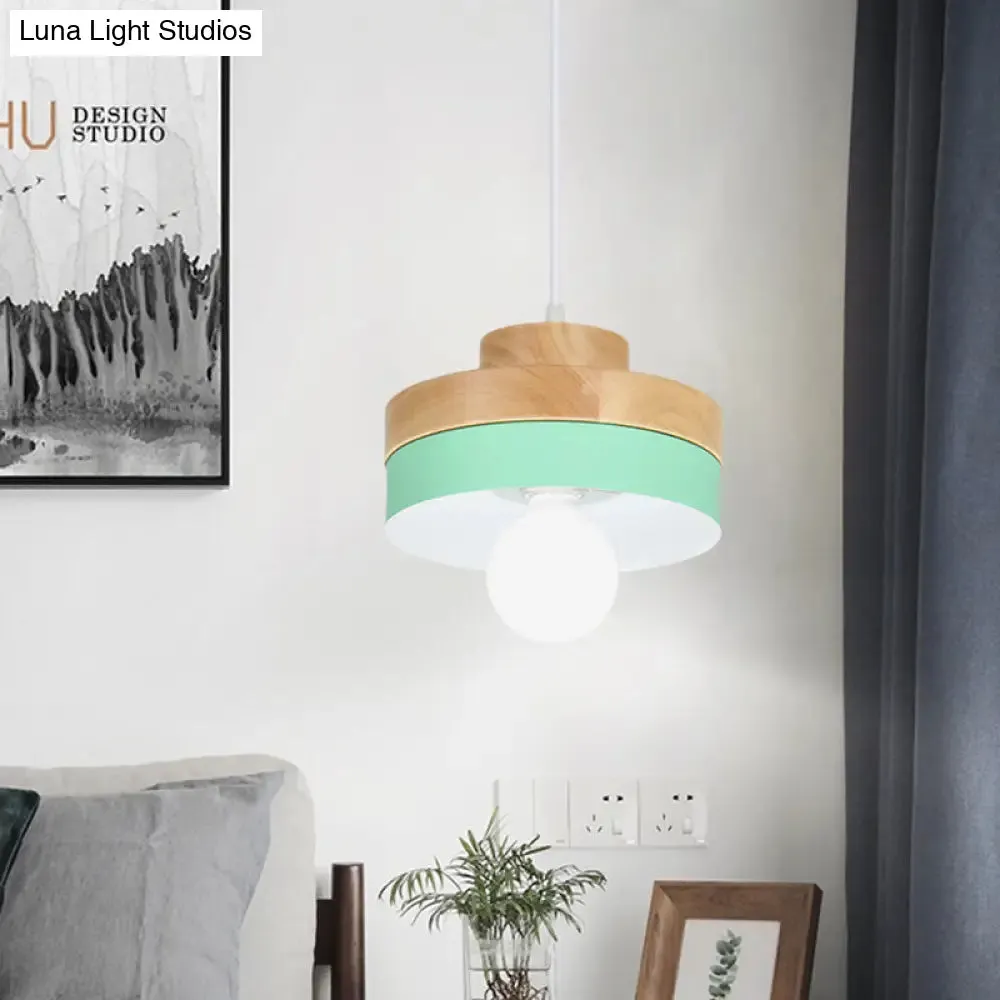 Modern Macaron Down Lighting Metal Ceiling Lamp with Colorful Wood Accents - 1-Light for Living Room