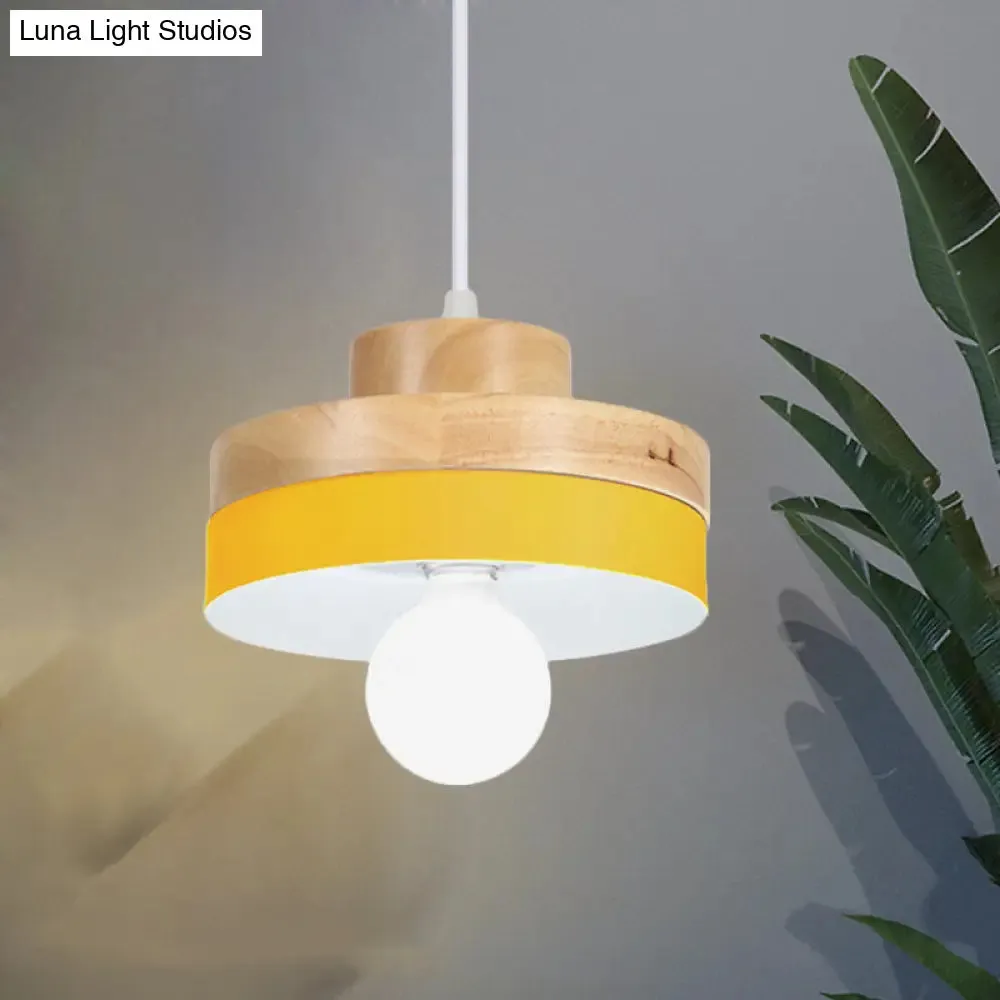 Modern Macaron Down Lighting Metal Ceiling Lamp with Colorful Wood Accents - 1-Light for Living Room