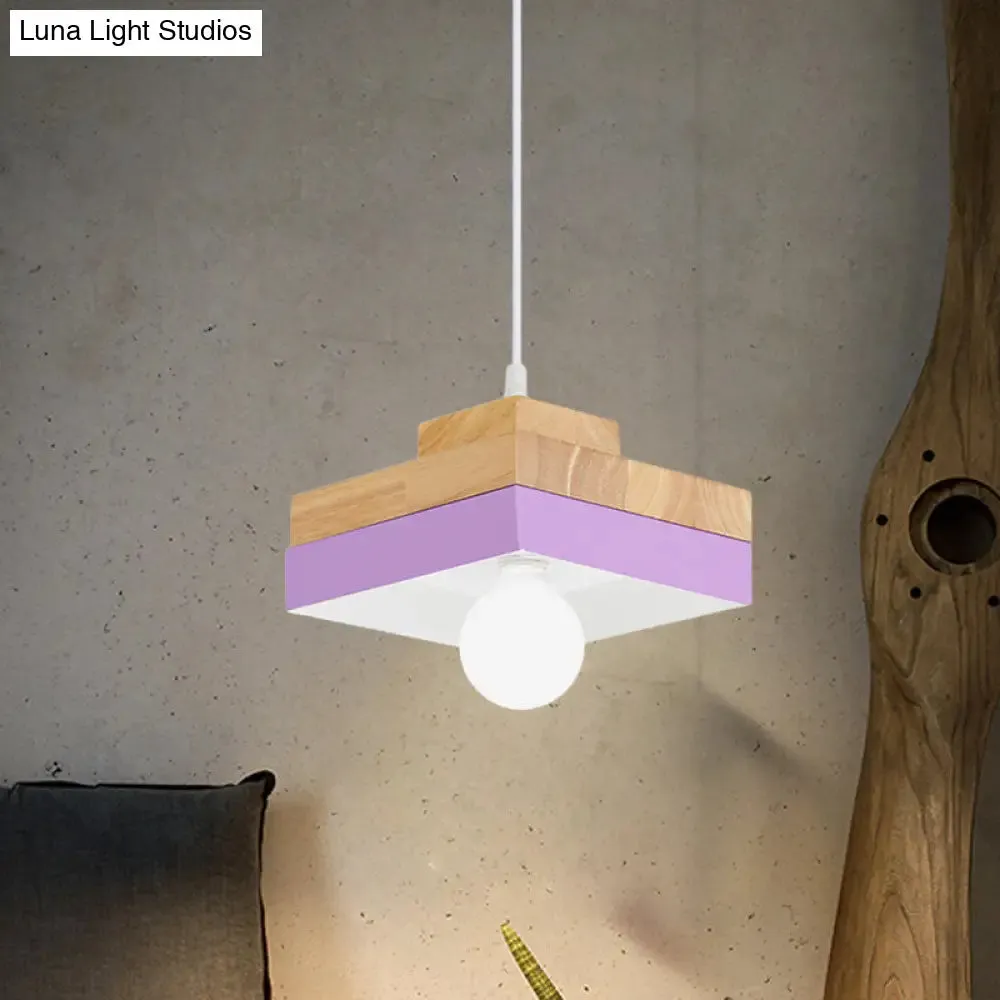 Modern Macaron Down Lighting Metal Ceiling Lamp with Colorful Wood Accents - 1-Light for Living Room