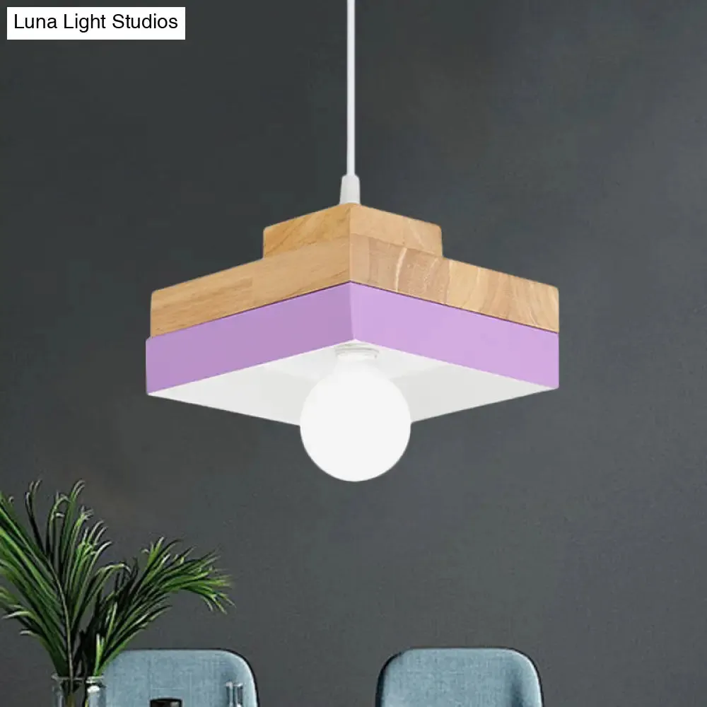 Modern Macaron Down Lighting Metal Ceiling Lamp with Colorful Wood Accents - 1-Light for Living Room