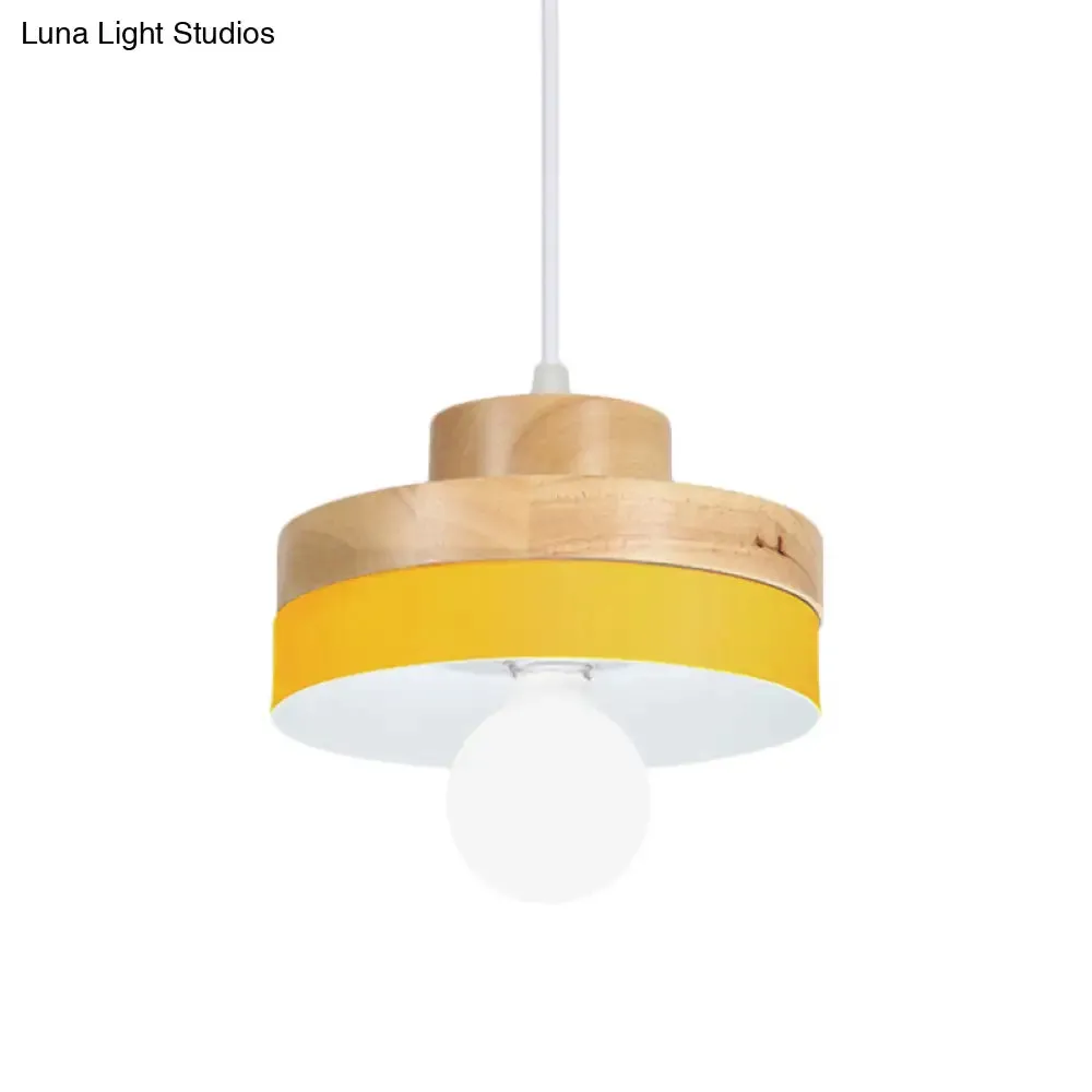 Modern Macaron Down Lighting Metal Ceiling Lamp with Colorful Wood Accents - 1-Light for Living Room