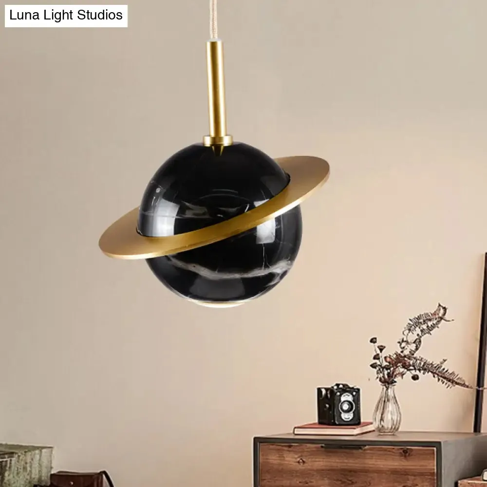 Modern Marble Sphere Ceiling Light: White/Black/Green LED Pendant Lamp with Trapped Ring