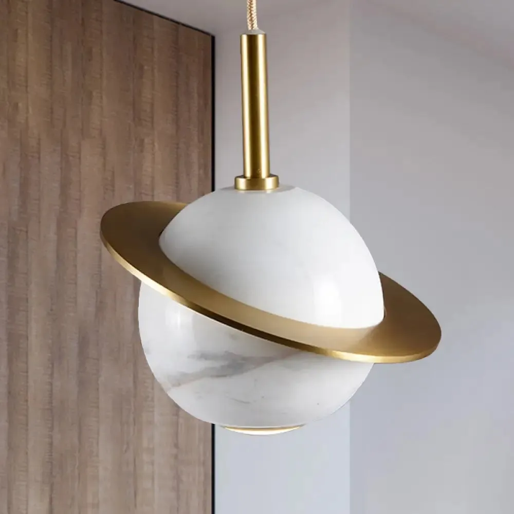 Modern Marble Sphere Ceiling Light: White/Black/Green LED Pendant Lamp with Trapped Ring