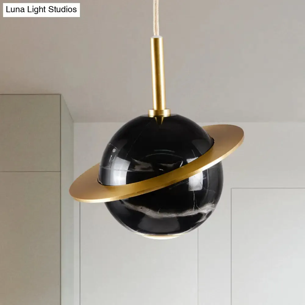 Modern Marble Sphere Ceiling Light: White/Black/Green LED Pendant Lamp with Trapped Ring