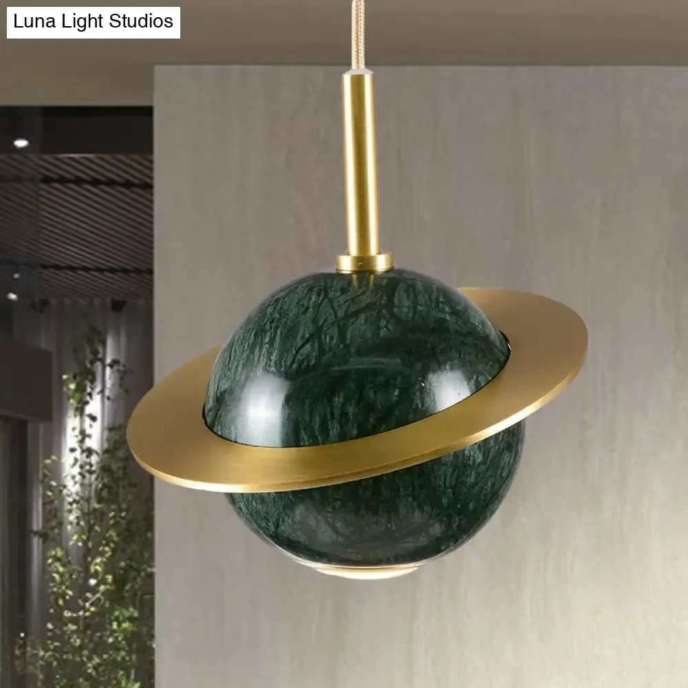 Modern Marble Sphere Ceiling Light: White/Black/Green LED Pendant Lamp with Trapped Ring