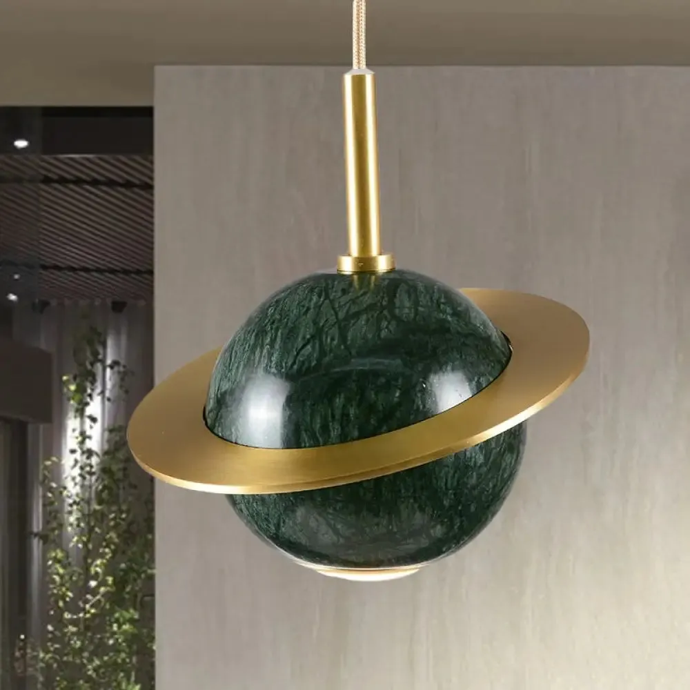 Modern Marble Sphere Ceiling Light: White/Black/Green LED Pendant Lamp with Trapped Ring