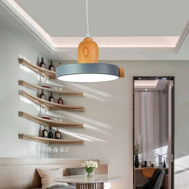 Modern Metal Circular Suspension Lamp with 1 Light Drop Pendant and Wood Top - Perfect for Living Room