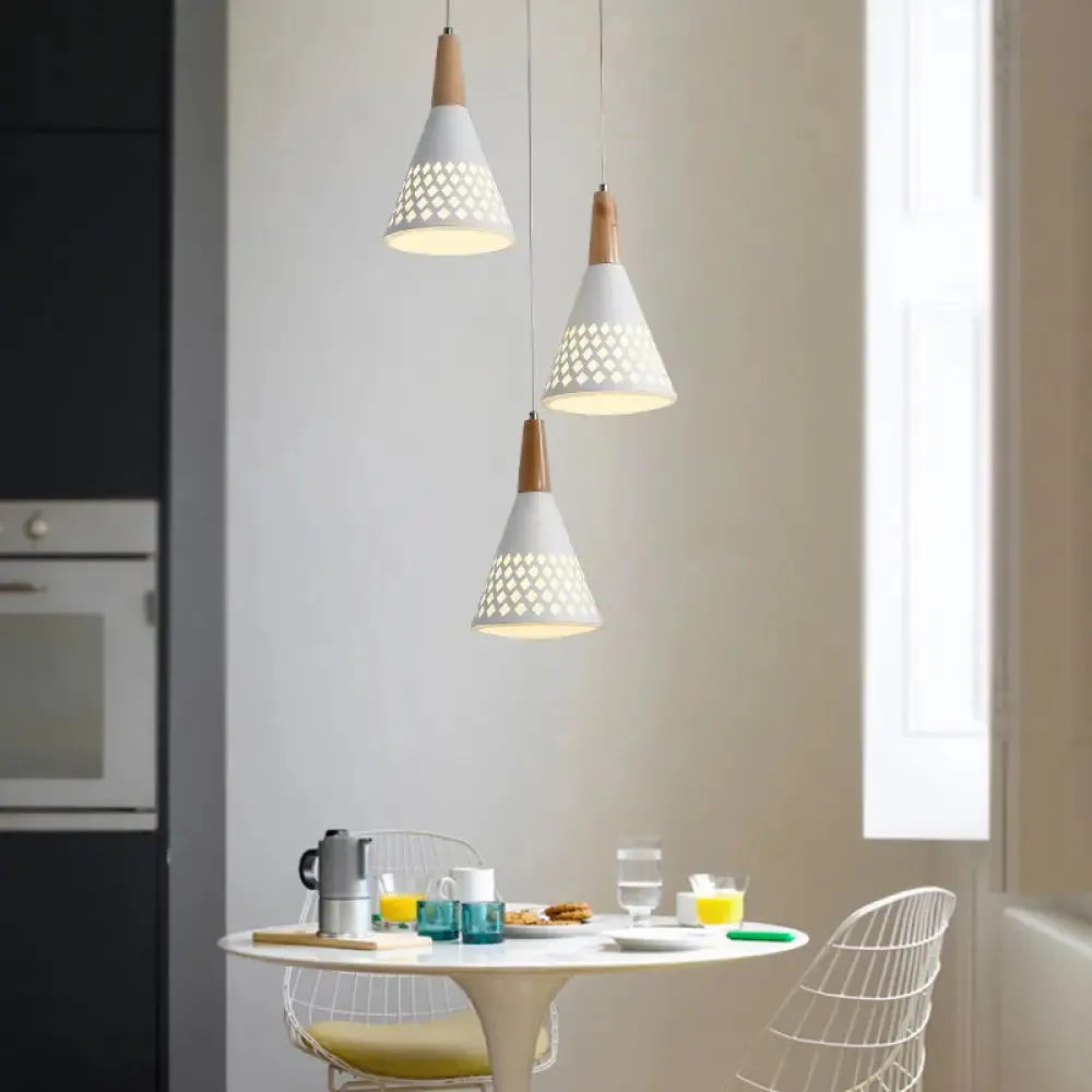 Modernist Iron Cone Cluster Pendant Light with Hollow Out Grid Design - White and Wood