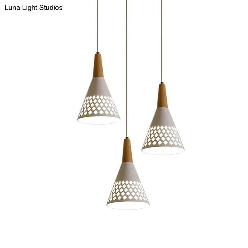 Modernist Iron Cone Cluster Pendant Light with Hollow Out Grid Design - White and Wood