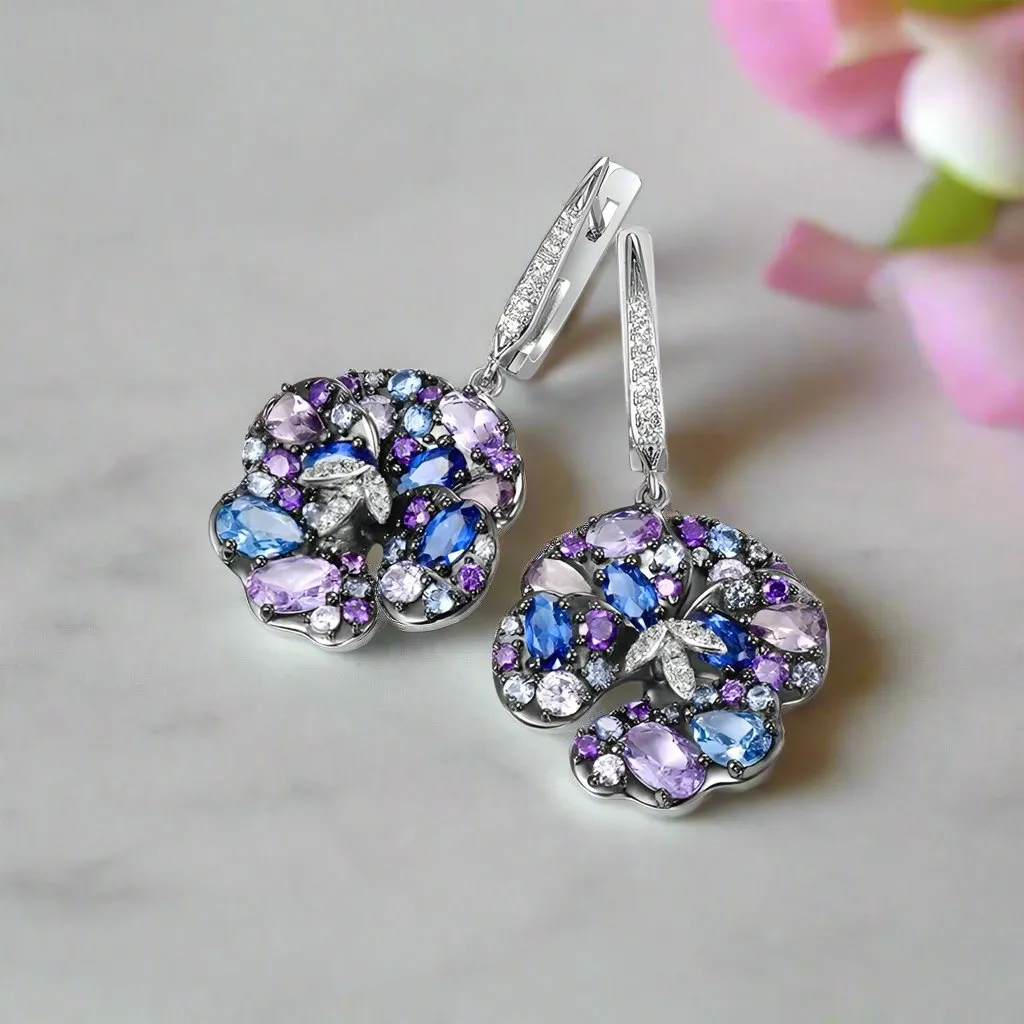 Multi-Gems Orchid Flower Drop Earrings