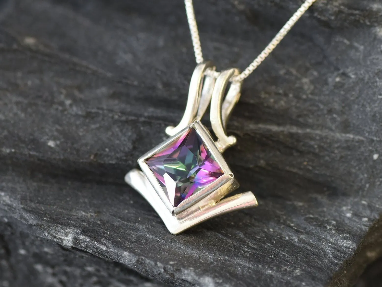 Mystic Topaz Pendant - Violet Square Necklace - Vintage Topaz Necklace