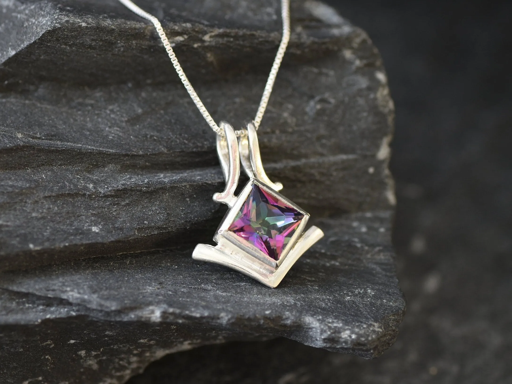 Mystic Topaz Pendant - Violet Square Necklace - Vintage Topaz Necklace