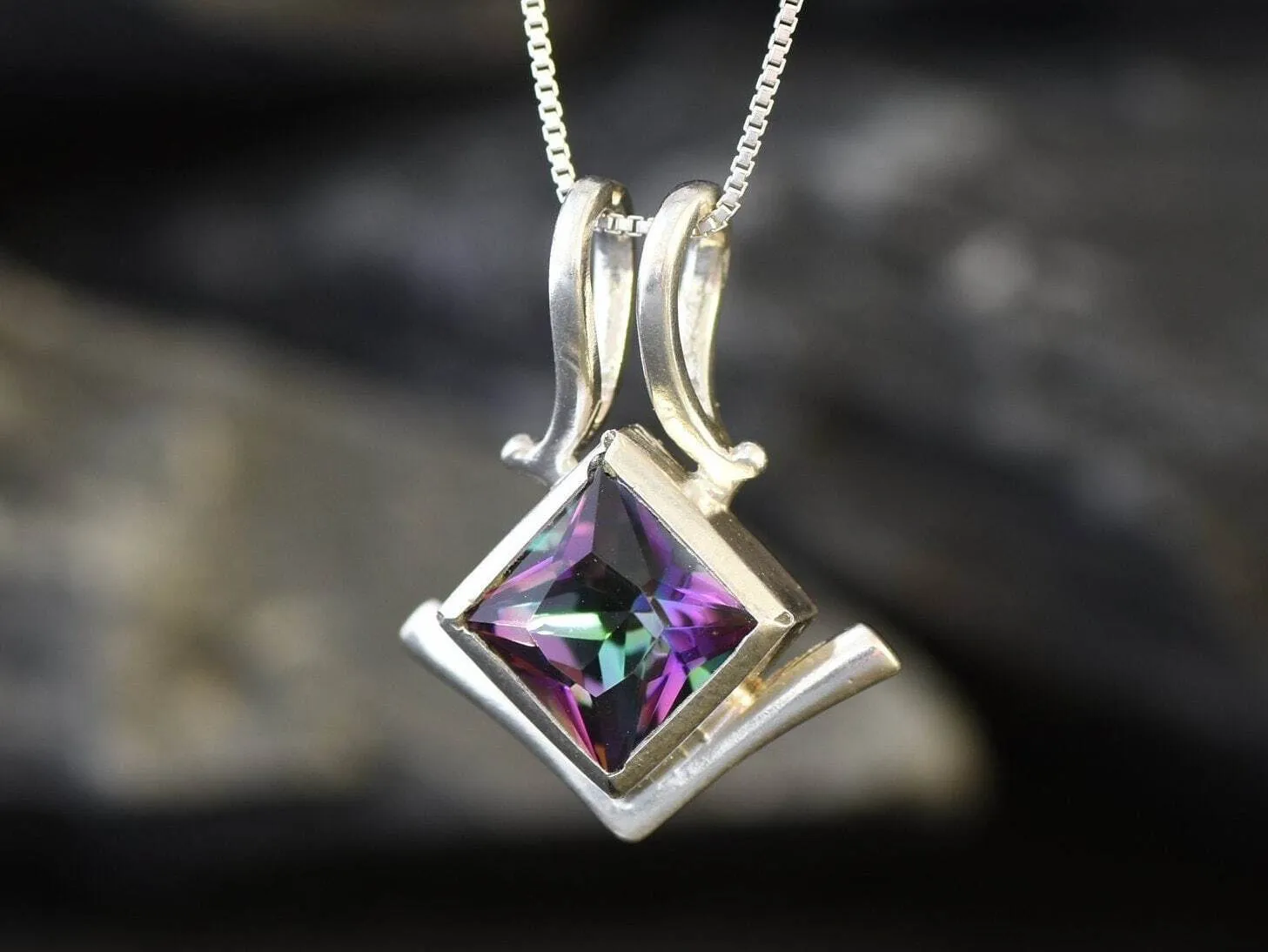 Mystic Topaz Pendant - Violet Square Necklace - Vintage Topaz Necklace