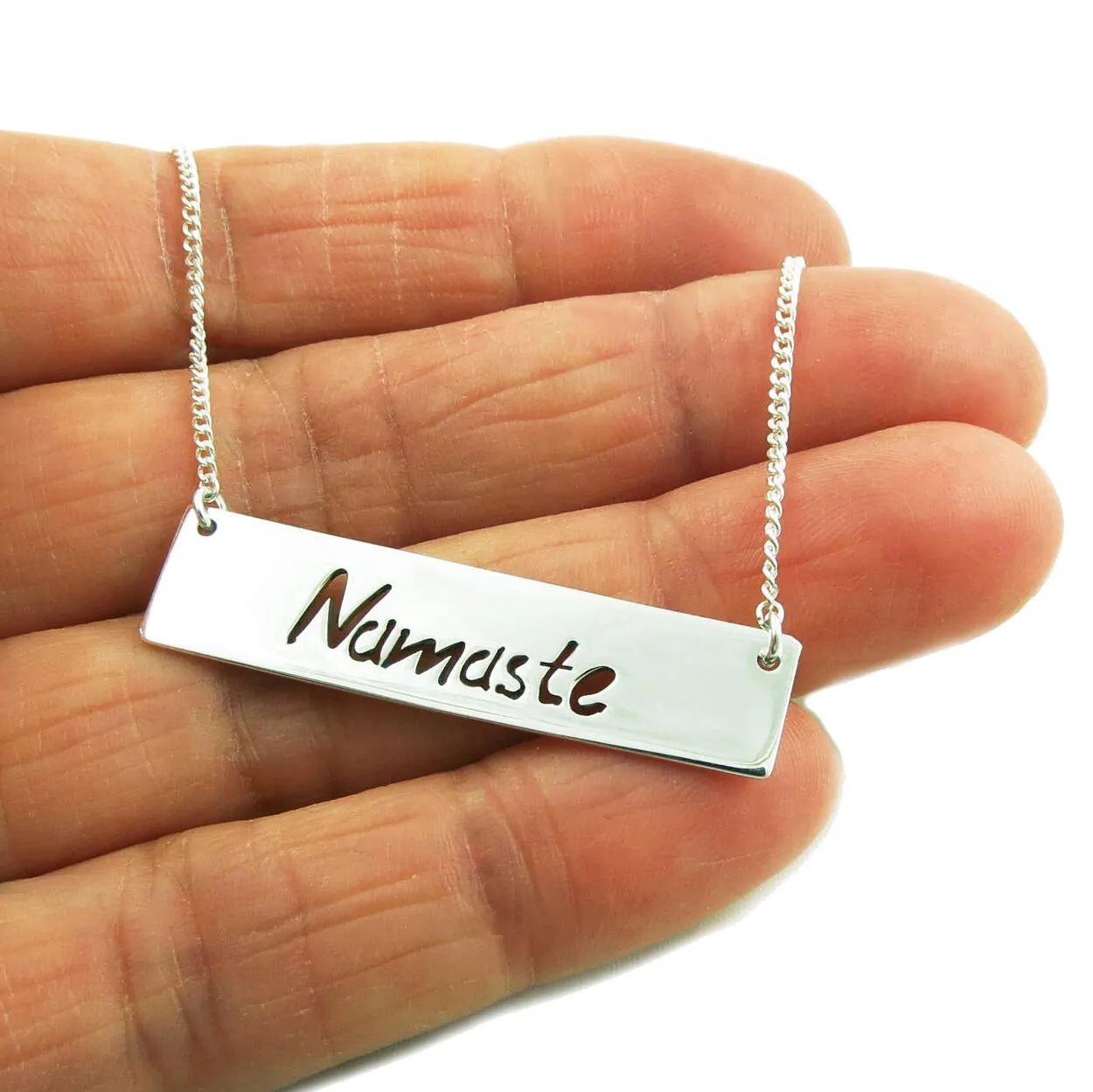 Namaste 925 Sterling Silver Bar Greeting Tag Necklace