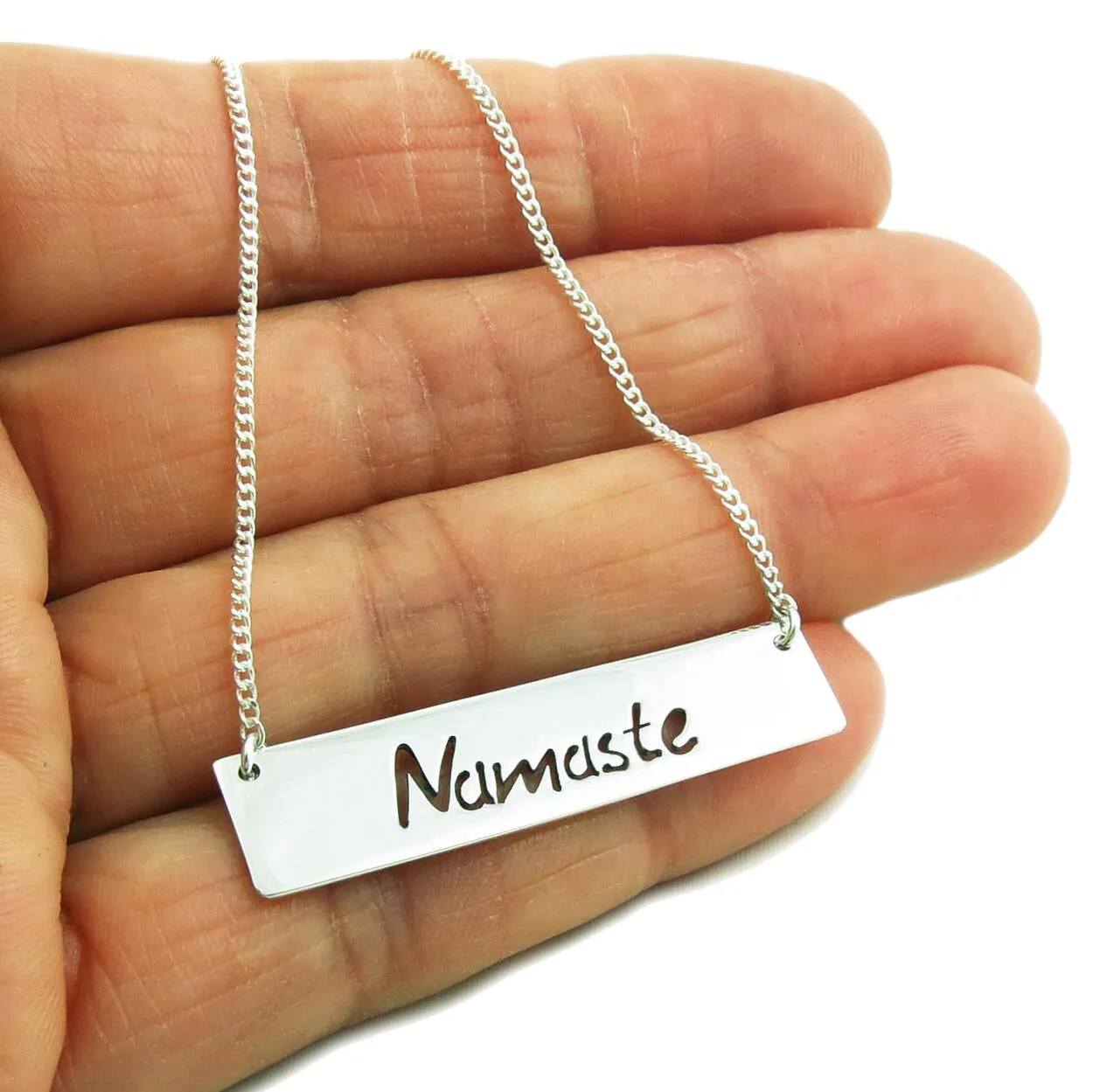 Namaste 925 Sterling Silver Bar Greeting Tag Necklace