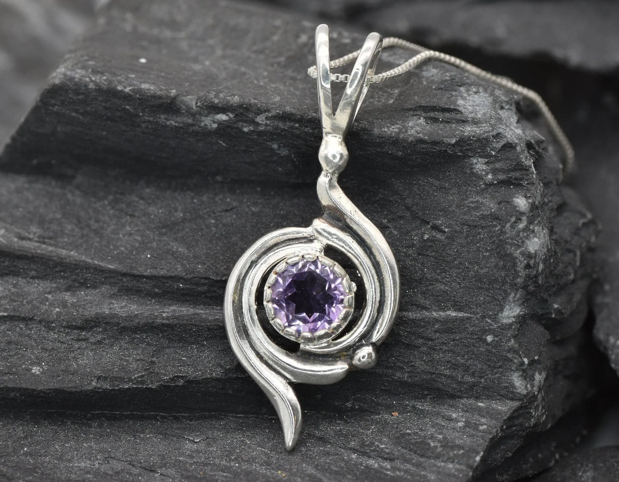 Natural Amethyst Necklace - Purple Swirl Pendant - February Birthstone Necklace