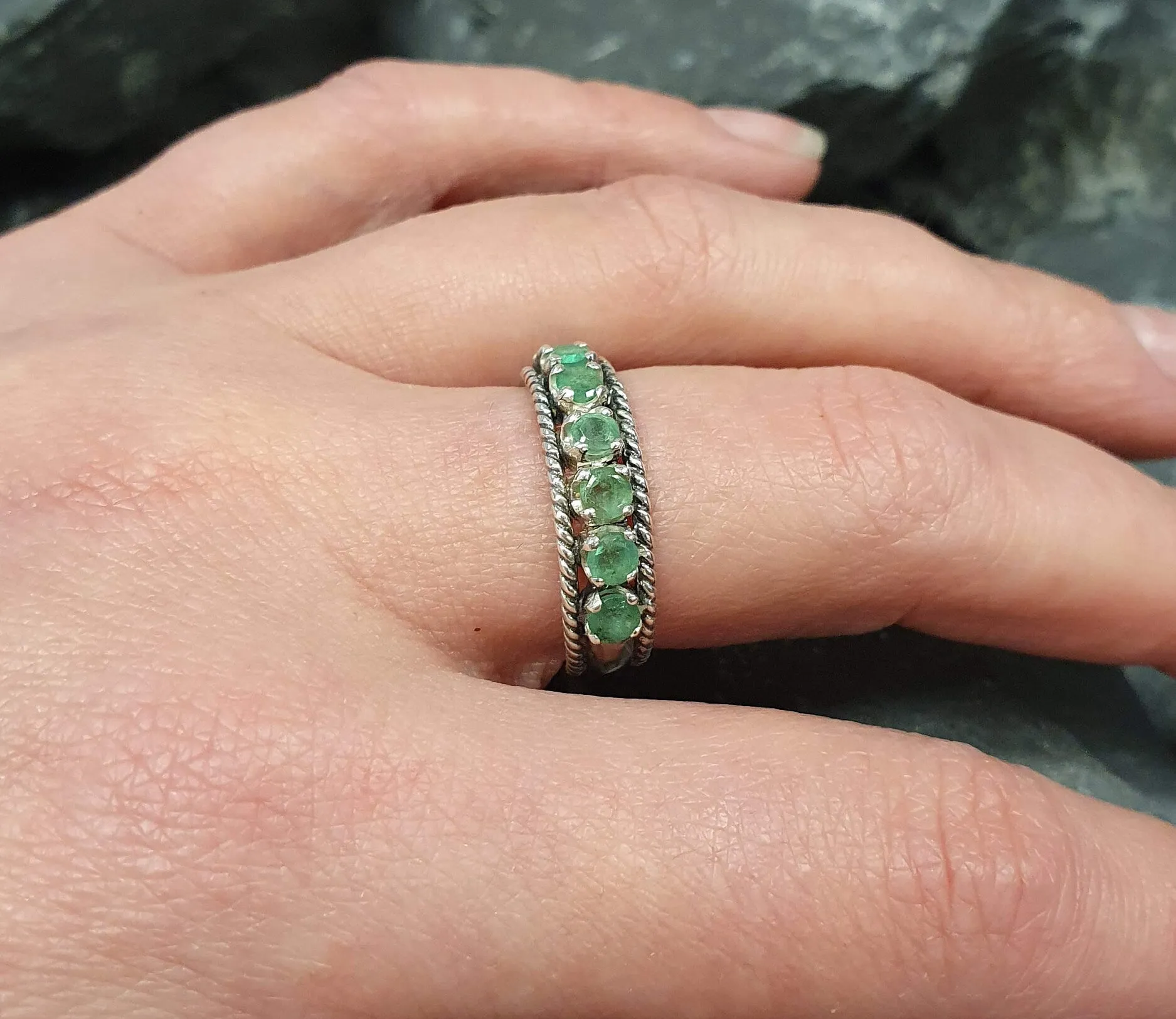 Natural Emerald Ring - Green Eternity Ring - Wide Vintage Band