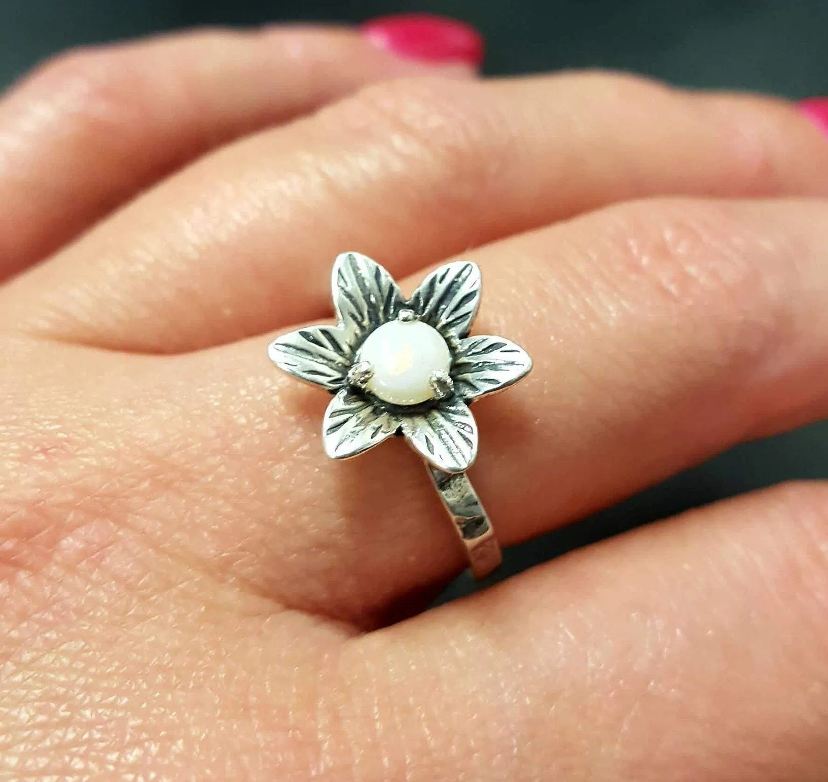 Natural Opal Ring - White Flower Ring - Vintage Solitaire Ring