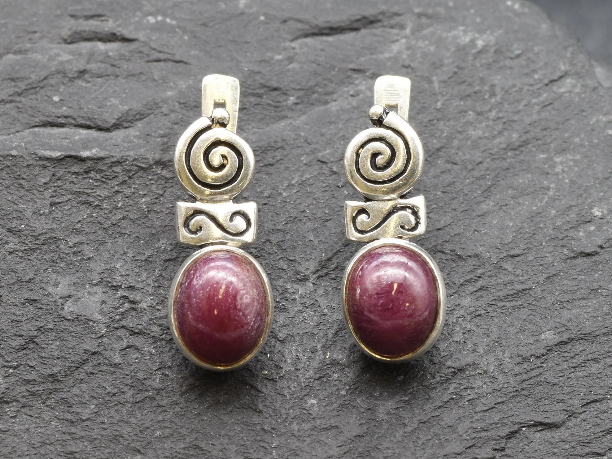 Natural Ruby Earrings - Red Drop Earrings - Swirl Boho Earrings